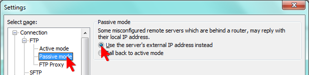  Transfer mode settings for Passive-FTP