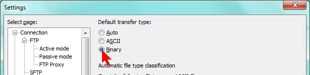  Select binary as transfer mode